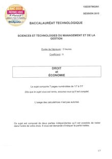 Sujet BAC 2015 PONDICHÉRY - STMG Economie-Droit (Bac STT)