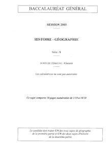 Sujet du bac S 2003: Histoire Géographie