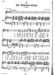 Partition complète, transposition pour low voix, Des Mädchens Klage (2nd version), D.191 (Op.58 No.3)