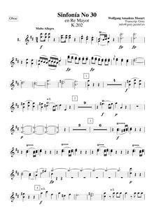 Partition hautbois 1, 2, Symphony No.30, D major, Mozart, Wolfgang Amadeus