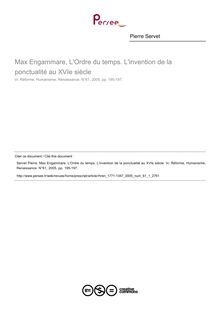 Max Engammare, L Ordre du temps. L invention de la ponctualité au XVIe siècle  ; n°1 ; vol.61, pg 195-197