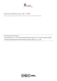Journal of African Law, vol. I, 1957 - note biblio ; n°1 ; vol.10, pg 225-226