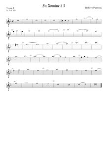 Partition viole de gambe aigue 2, octave aigu clef, en Nomine à 5 par Robert Parsons