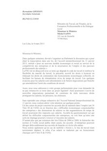 Lettre de Bernadette Groison, syndicaliste, à Michel SAPIN, Ministre du Travail, de l Emploi, de la Formation professionnelle et du Dialogue social