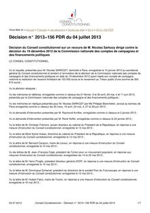 Rejet des comptes de campagne de Sarkozy - Décision n° 2013−156 PDR du Conseil Constitutionnel