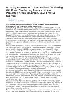 Growing Awareness of Peer-to-Peer Carsharing Will Boost Carsharing Rentals in Less Populated Areas in Europe, Says Frost & Sullivan