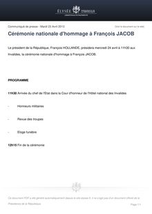 Cérémonie nationale d hommage à François JACOB - Communiqué de l Elysée