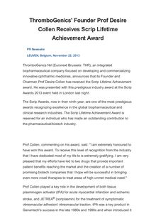 ThromboGenics  Founder Prof Desire Collen Receives Scrip Lifetime Achievement Award
