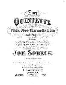 Partition flûte, vent quintette, Op.14, Sobeck, Johann