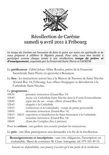 Récollection de Carême samedi 9 avril 2011 à Fribourg