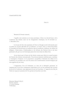 Le courrier de Claude Bartolone à Manuel Valls sur la COP21