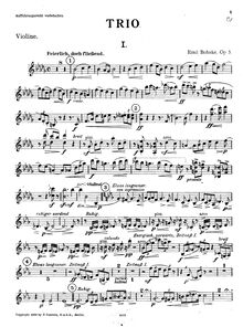 Partition violon, Piano Trio, Op.5, B flat minor, Bohnke, Emil