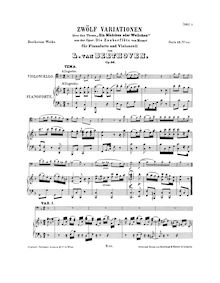 Partition complète, 12 Variations on  Ein Mädchen oder Weibchen  from pour opéra  Die Zauberflöte  by Mozart pour violoncelle et Piano Op.66