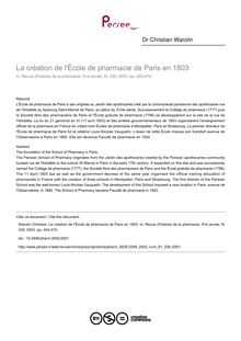 La création de l École de pharmacie de Paris en 1803 - article ; n°339 ; vol.91, pg 453-474