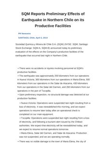 SQM Reports Preliminary Effects of Earthquake in Northern Chile on its Productive Facilities