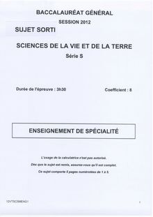 Sujet du bac serie S 2012: Sciences de la vie et de la Terre spécialité
