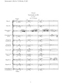 Partition complète, Serenade, Serenade No.10 ; Gran Partita Serenade par Wolfgang Amadeus Mozart