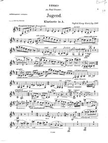 Partition clarinette (en A), Jugend, Jugend: Musik (H dur) für Flöte, Clarinette in A, Horn und Klavier, Op.139a.