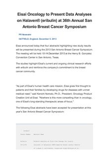 Eisai Oncology to Present Data Analyses on Halaven® (eribulin) at 36th Annual San Antonio Breast Cancer Symposium