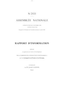 Rapport d information déposé... par la Commission de la production et des échanges sur les transports en France et en Europe