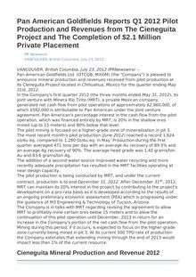Pan American Goldfields Reports Q1 2012 Pilot Production and Revenues from The Cieneguita Project and The Completion of $2.1 Million Private Placement
