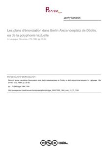 Les plans d énonciation dans Berlin Alexanderplatz de Döblin, ou de la polyphonie textuelle - article ; n°73 ; vol.19, pg 30-56