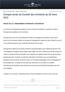 Communiqué de presse de l'Elysée: Compte-rendu du Conseil des ministres du 20 mars 2013