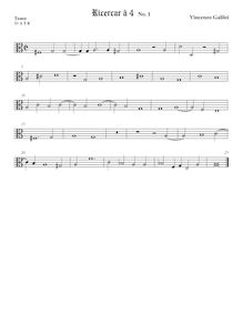 Partition ténor viole de gambe 2 (alto clef), Intavolature de lauto, madrigali e ricercare par Vincenzo Galilei