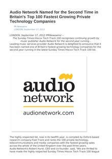 Audio Network Named for the Second Time in Britain s Top 100 Fastest Growing Private Technology Companies