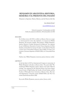 BENJAMIN EN ARGENTINA: HISTORIA, MEMORIA Y EL PRESENTE DEL PASADO (Benjamin in Argentina: History, Memory, and the Present of the Past)