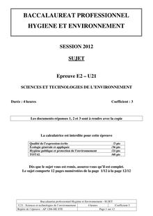 Sujet du bac 2012: Sciences et technologies de l’environnement (U21) - Antilles Guyane