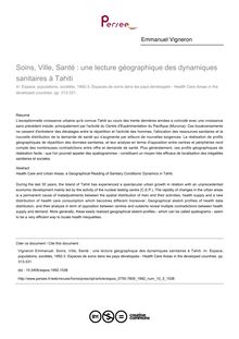 Soins, Ville, Santé : une lecture géographique des dynamiques sanitaires à Tahiti - article ; n°3 ; vol.10, pg 313-331