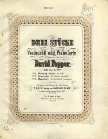 Partition couverture couleur, 3 pièces pour violoncelle et Piano par David Popper
