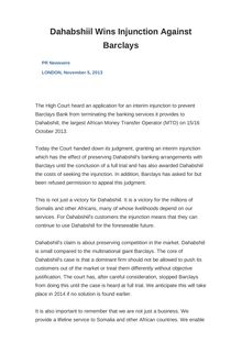 Dahabshiil Wins Injunction Against Barclays