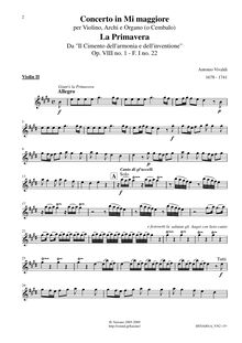 Partition violons II, violon Concerto en E major, RV 269, La primavera (Spring) from Le quattro stagioni (The Four Seasons) par Antonio Vivaldi