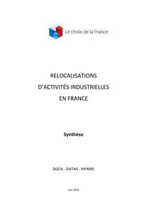 Synthèse de l étude : relocalisations d activités industrielles en France - DGCIS ‐ DATAR ‐ PIPAME