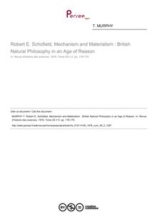 Robert E. Schofield, Mechanism and Materialism : British Natural Philosophy in an Age of Reason  ; n°2 ; vol.29, pg 178-179