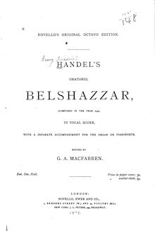 Partition complète, Belshazzar, Handel, George Frideric par George Frideric Handel