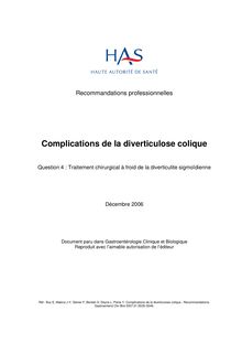 Complications de la diverticulose colique - Complications diverticulose colique - Argumentaire question 4