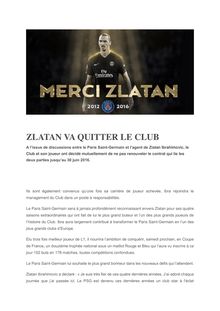 Zlatan Ibrahimovic quitte le PSG - communiqué de presse du club