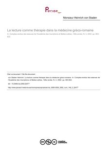 La lecture comme thérapie dans la médecine gréco-romaine - article ; n°2 ; vol.146, pg 803-822