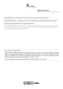 Jörg Bogumil et Hubert Heinelt (sous la direction de) : Bürgermeister in Deutschland. Politikwissenschaftliche Studien zu direkt gewählten Bürgermeistern   ; n°4 ; vol.23, pg 131-134