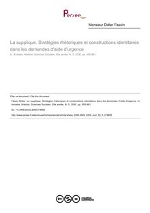 La supplique. Stratégies rhétoriques et constructions identitaires dans les demandes d aide d urgence - article ; n°5 ; vol.55, pg 955-981