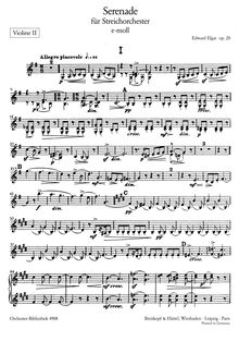 Partition violons II, Serenade pour corde orchestre, Op.20, Elgar, Edward