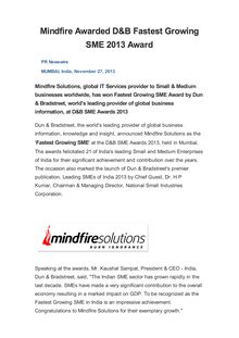 Mindfire Awarded D&B Fastest Growing SME 2013 Award