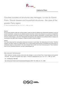 Couches sociales et structures des ménages. Le cas du Grand Paris / Social classes and household structures : the case of the greater Paris region - article ; n°1 ; vol.73, pg 83-91