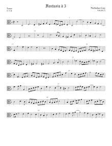 Partition ténor viole de gambe, alto clef, Fantasia pour 3 violes de gambe par Nicholas Guy