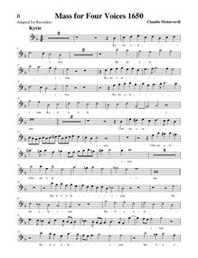 Partition basse enregistrement , Mass pour Four voix, G minor, Monteverdi, Claudio
