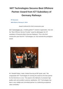 NIIT Technologies Secures Best Offshore Partner Award from ICT Subsidiary of Germany Railways