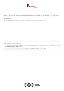 Ph. Lauvaux, Parlementarisme rationalisé et stabilité du pouvoir exécutif - note biblio ; n°4 ; vol.40, pg 913-913
